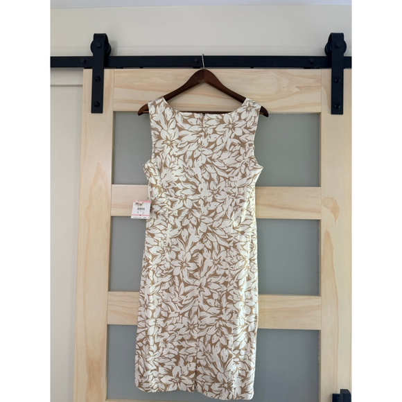 NWT Anne Klein Floral Sheath Dress Beige White Size 10 Sleeveless Cotton Blend - Picture 3 of 7